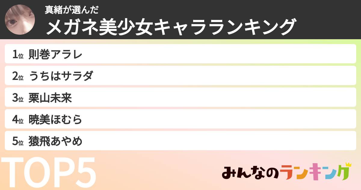 真緒さんの「メガネ美少女キャラランキング」