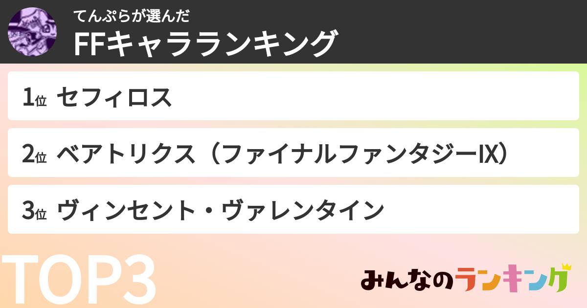 てんぷらさんの「FFキャラランキング」