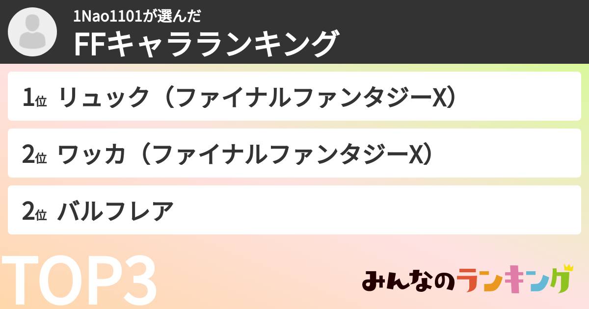 1Nao1101さんの「FFキャラランキング」