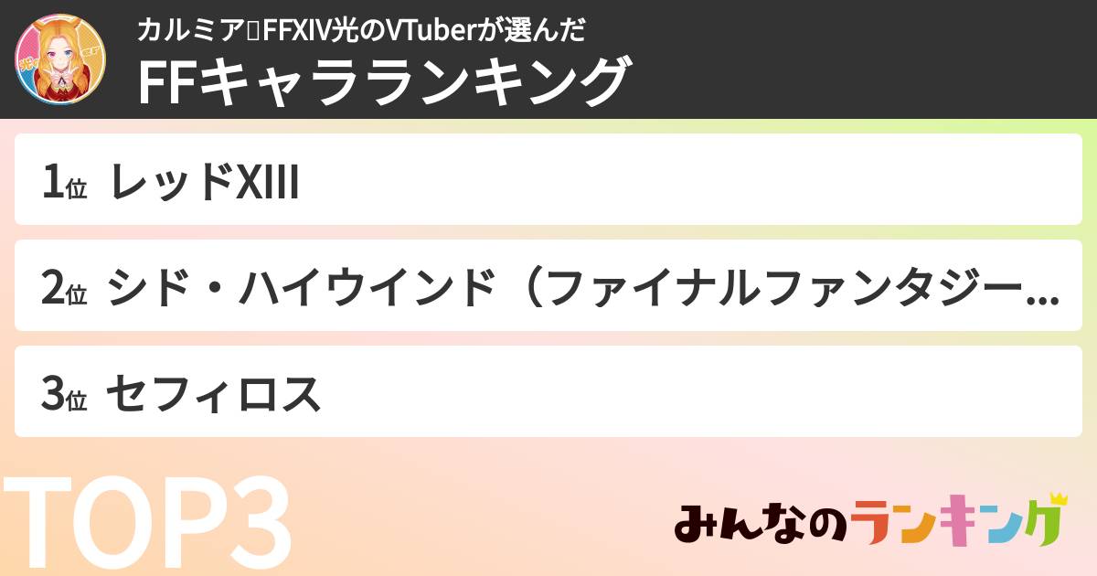 カルミア✨FFXIV光のVTuberさんの「FFキャラランキング」