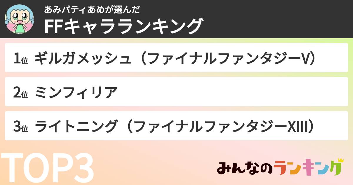あみパティあめさんの「FFキャラランキング」