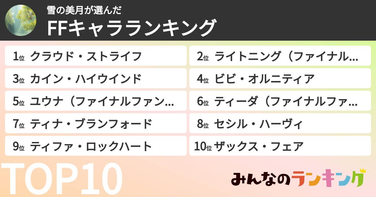 雪の美月さんの「FFキャラランキング」