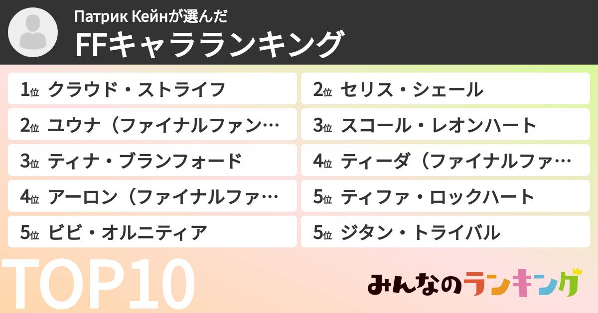 Патрик Кейнさんの「FFキャラランキング」