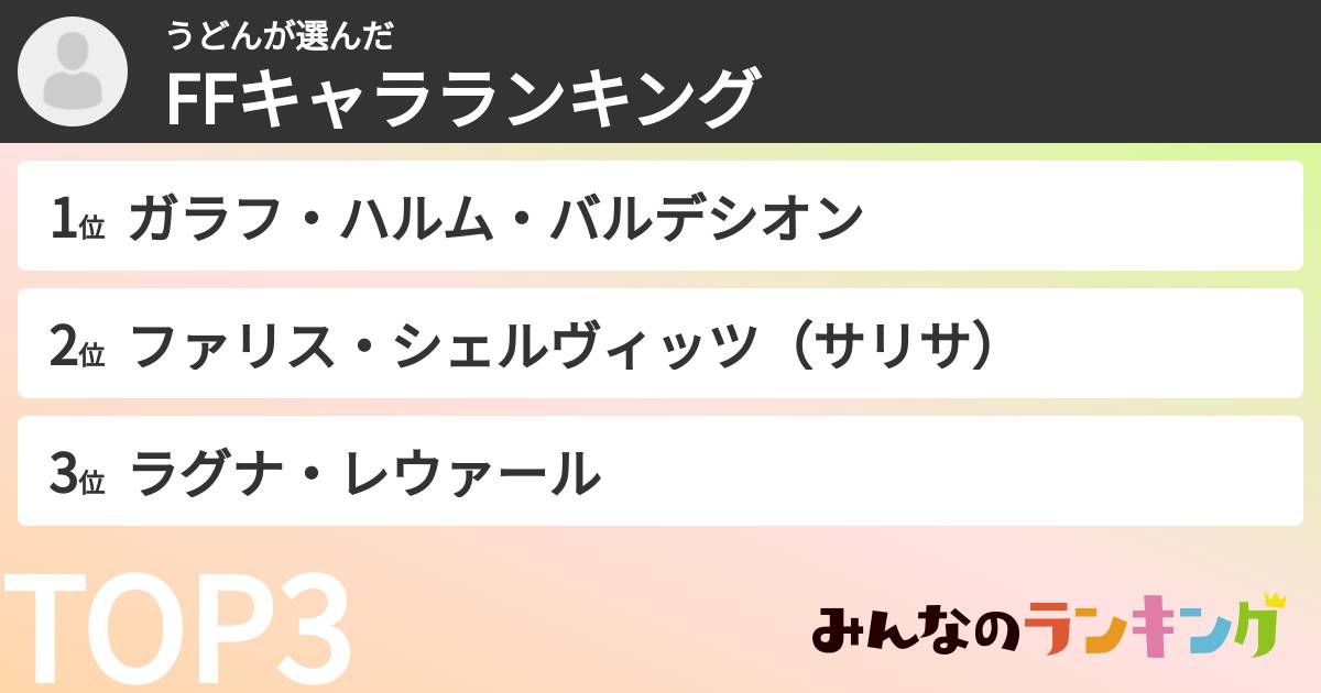 うどんさんの「FFキャラランキング」
