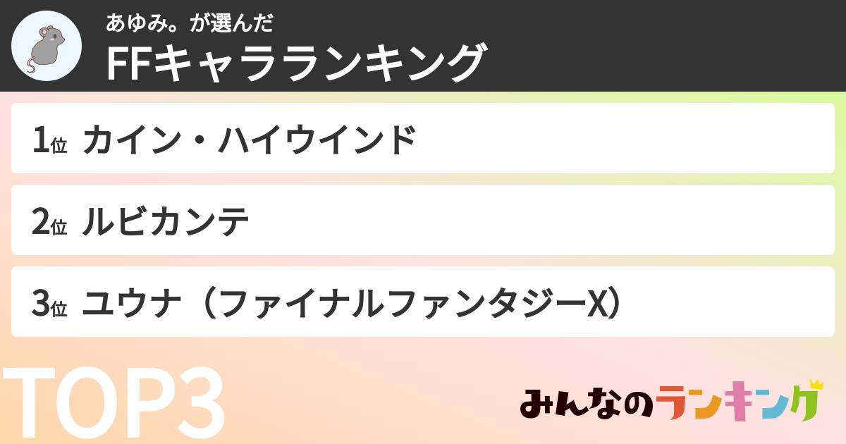 あゆみ。さんの「FFキャラランキング」