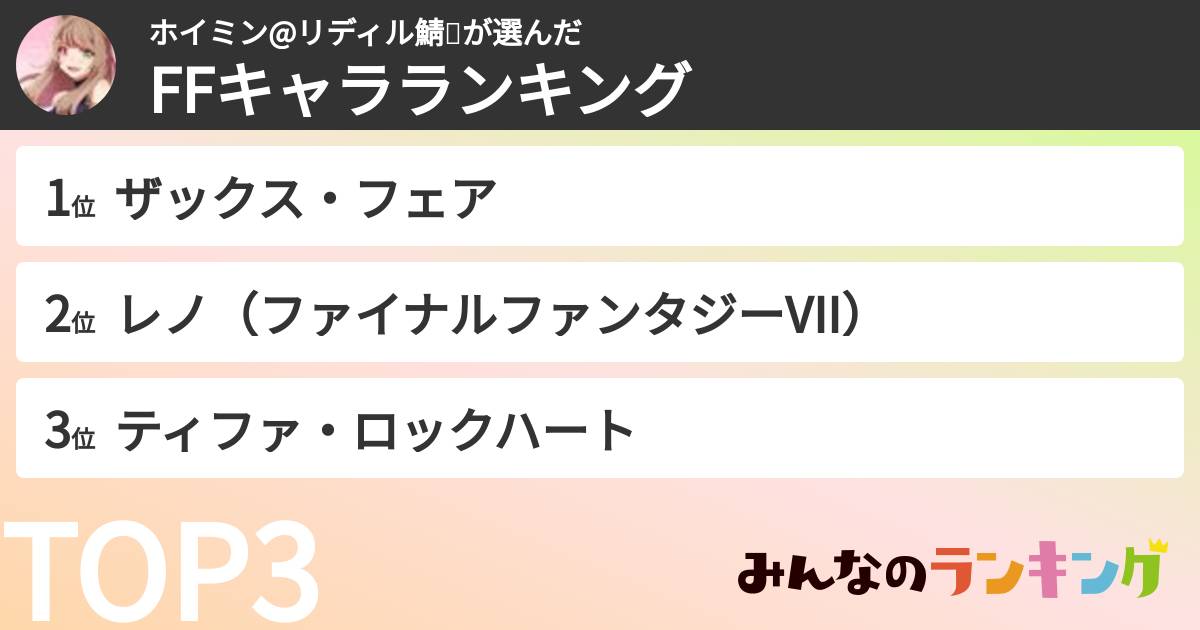 ホイミン@リディル鯖✨さんの「FFキャラランキング」