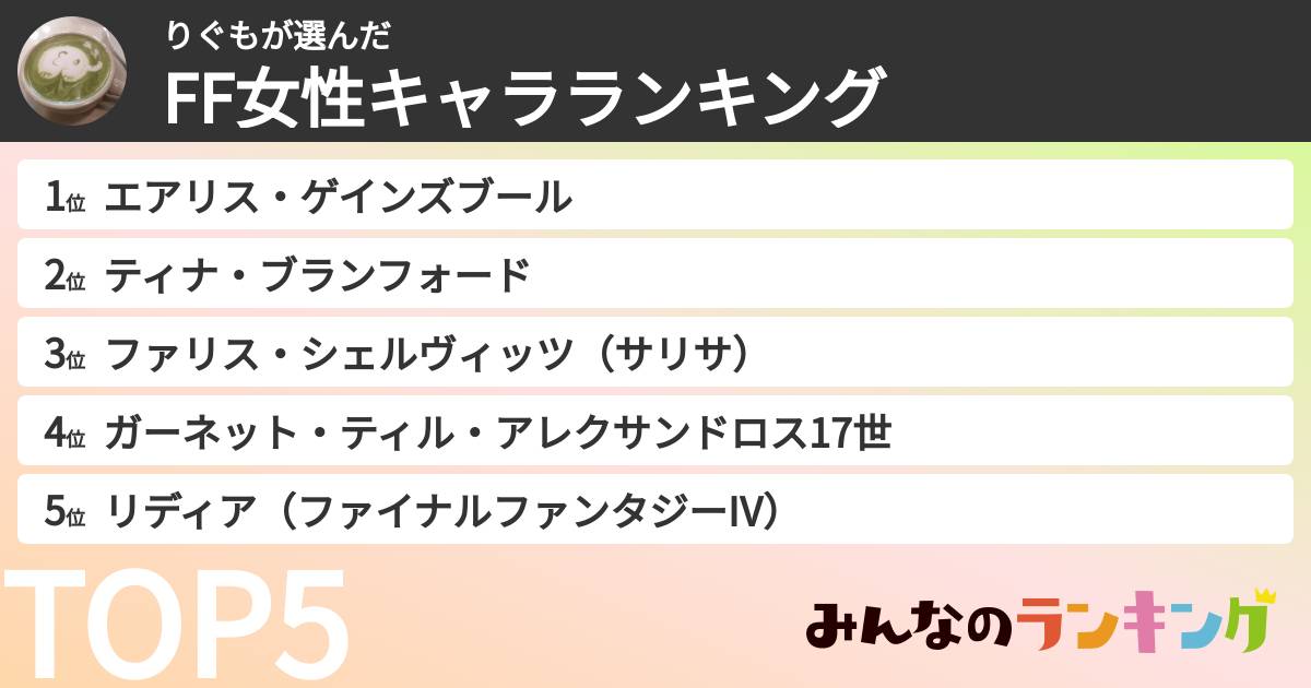 りぐもさんの「FF女性キャラランキング」