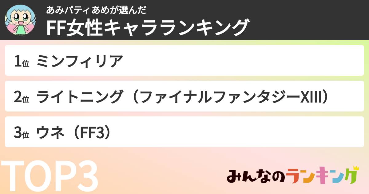 あみパティあめさんの「FF女性キャラランキング」