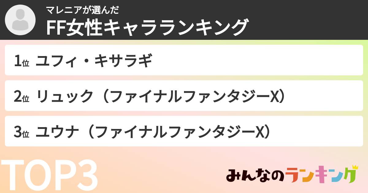 マレニアさんの「FF女性キャラランキング」