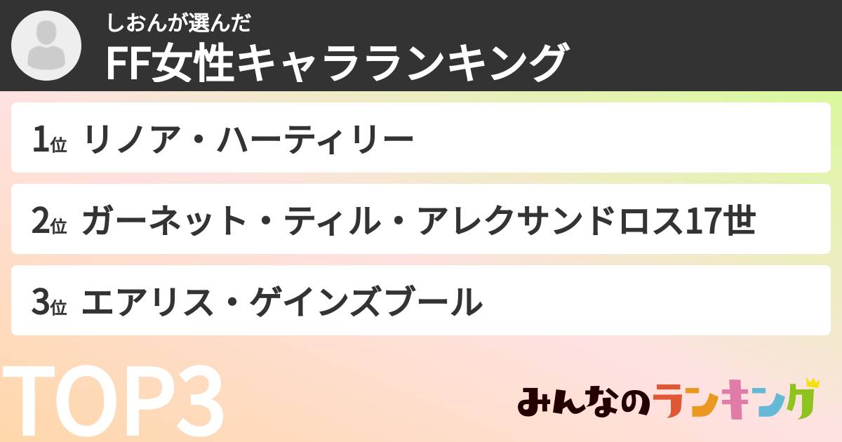しおんさんの「FF女性キャラランキング」