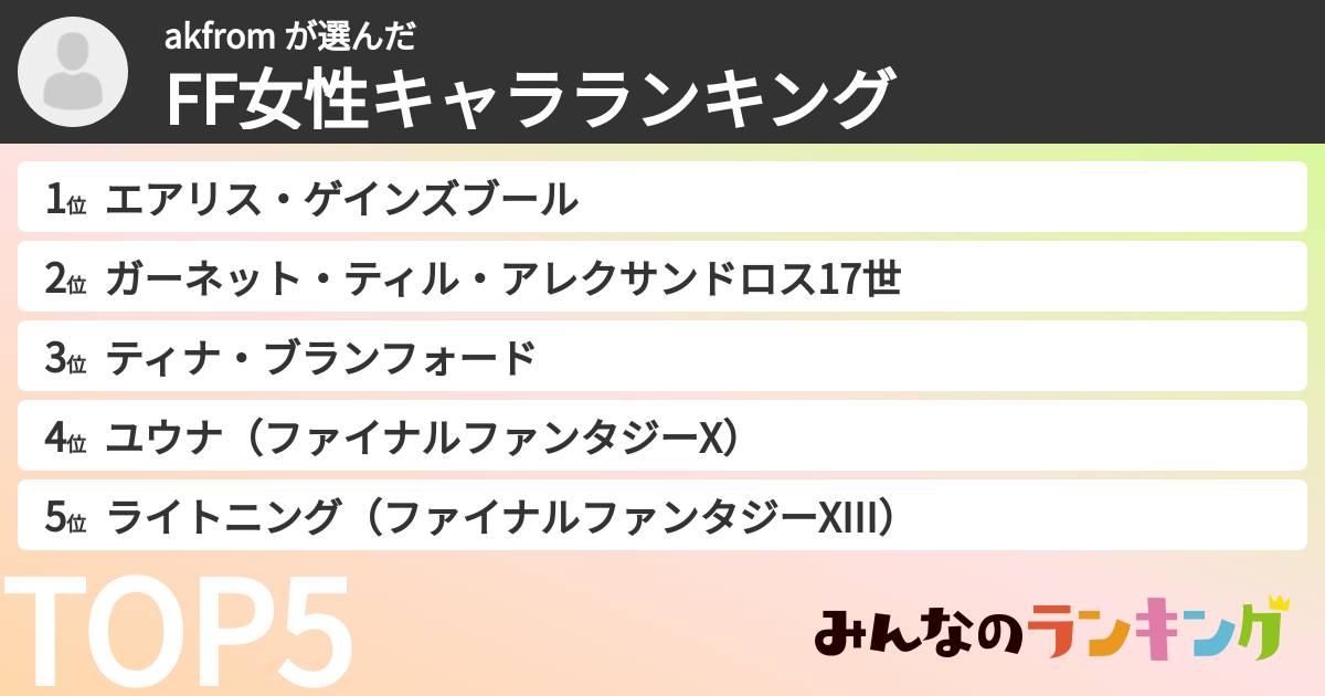 akfrom さんの「FF女性キャラランキング」