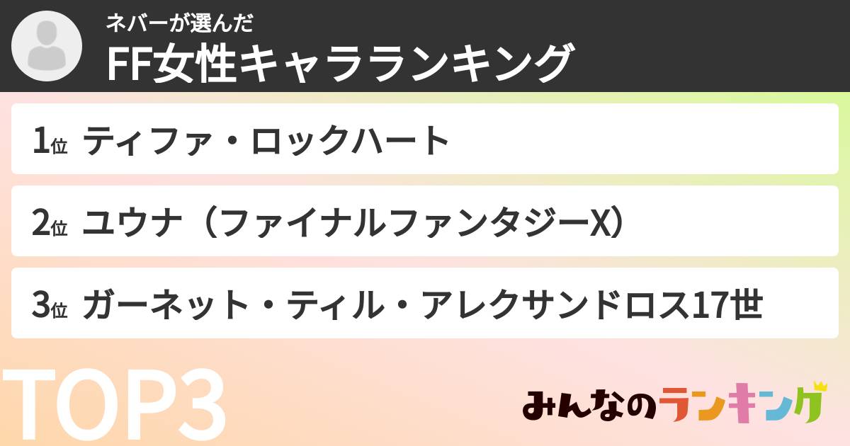 ネバーさんの「FF女性キャラランキング」