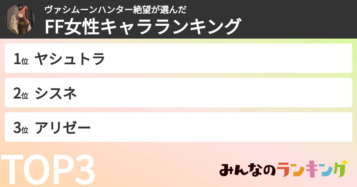 ヴァシムーンハンター絶望さんの「FF女性キャラランキング」