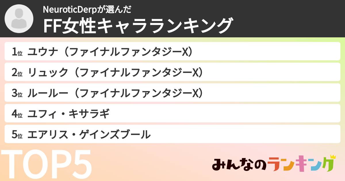NeuroticDerpさんの「FF女性キャラランキング」