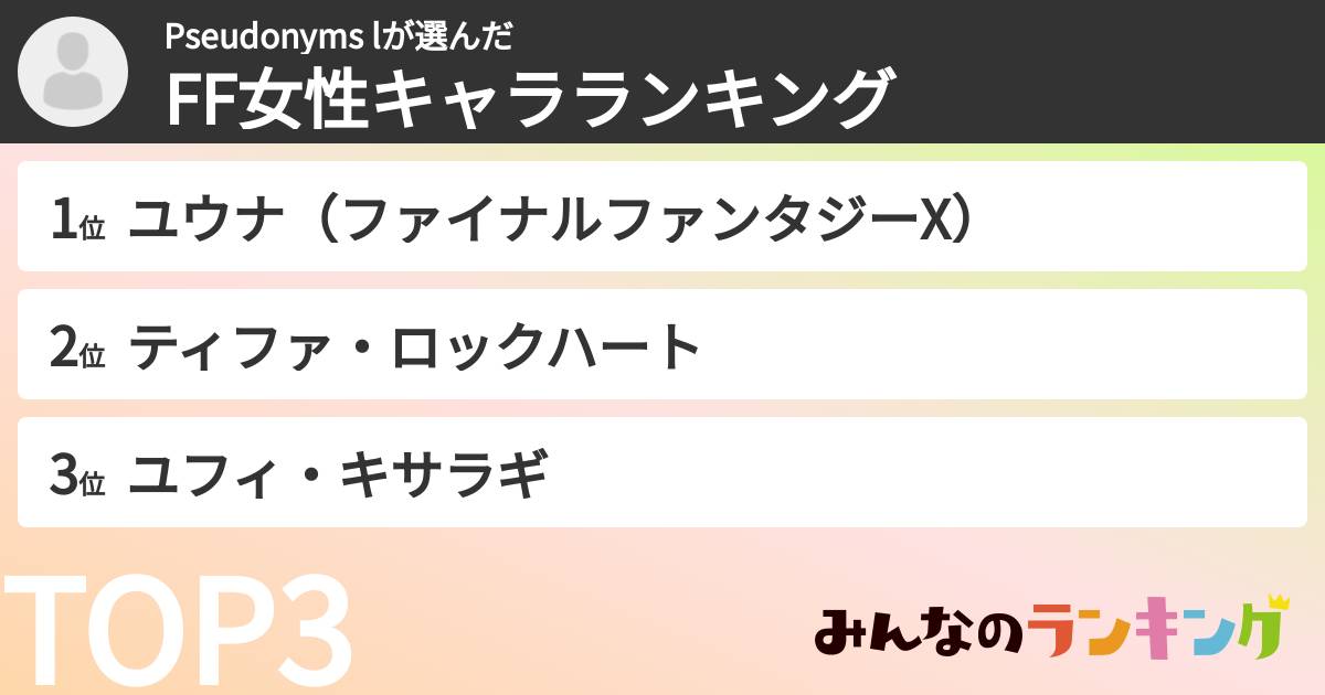 Pseudonyms lさんの「FF女性キャラランキング」