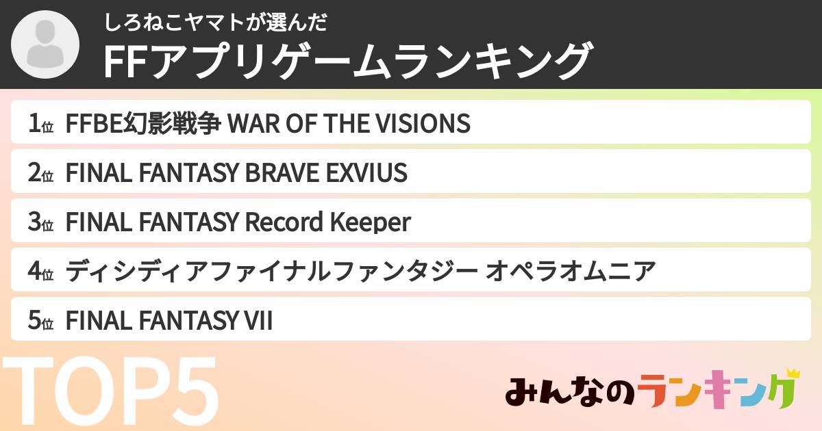 しろねこヤマトさんの「FFアプリゲームランキング」