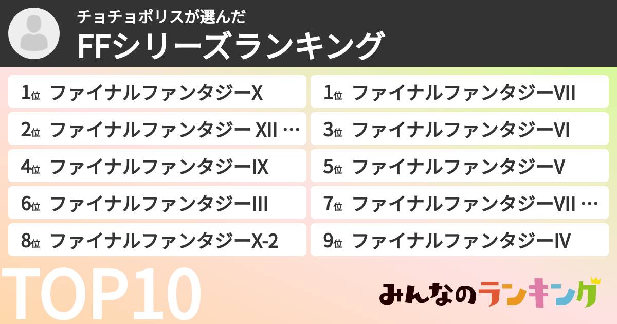 チョチョポリスさんの「FFシリーズランキング」