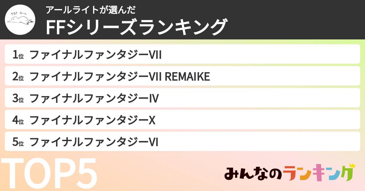 アールライトさんの「FFシリーズランキング」