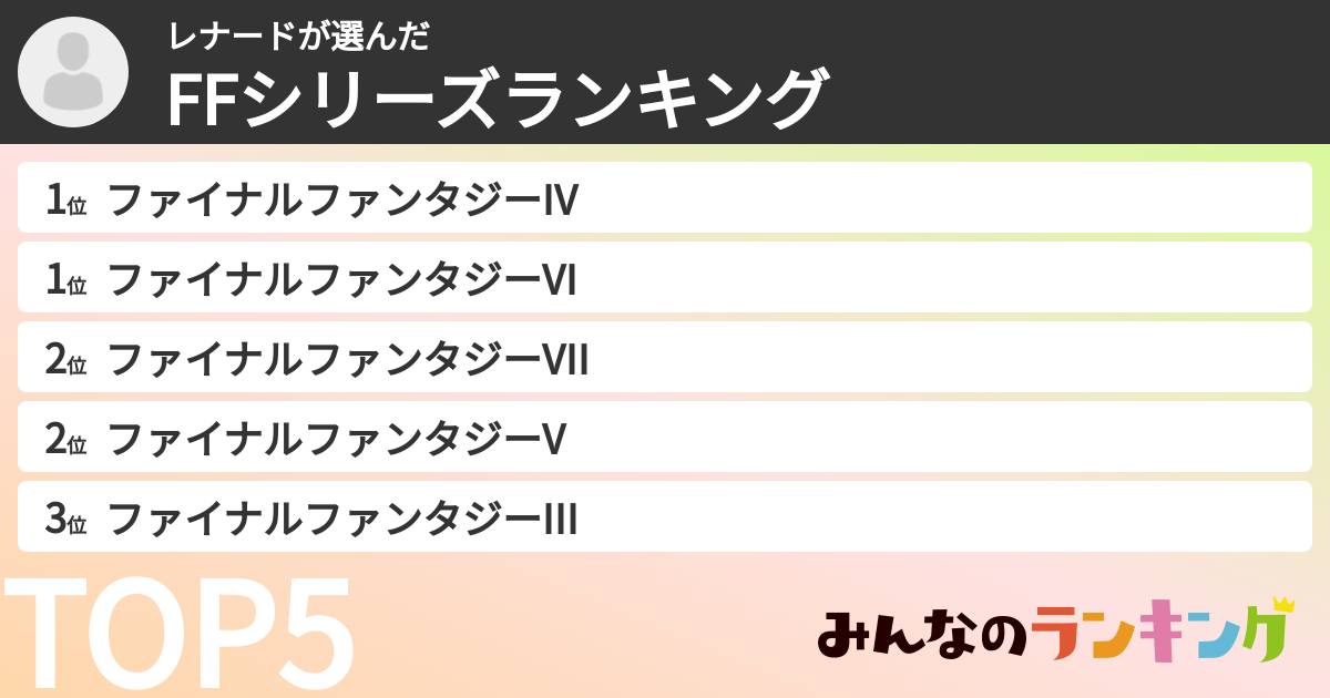 レナードさんの「FFシリーズランキング」