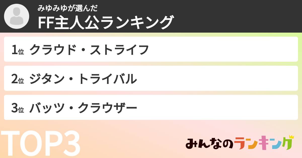 みゆみゆさんの「FF主人公ランキング」