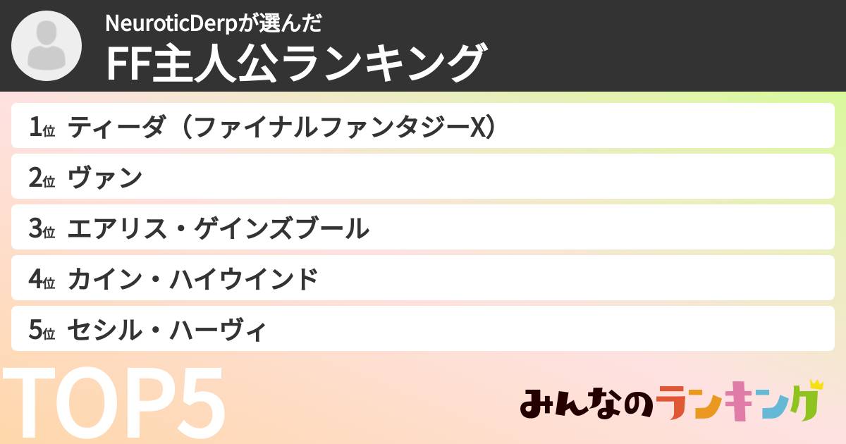 NeuroticDerpさんの「FF主人公ランキング」