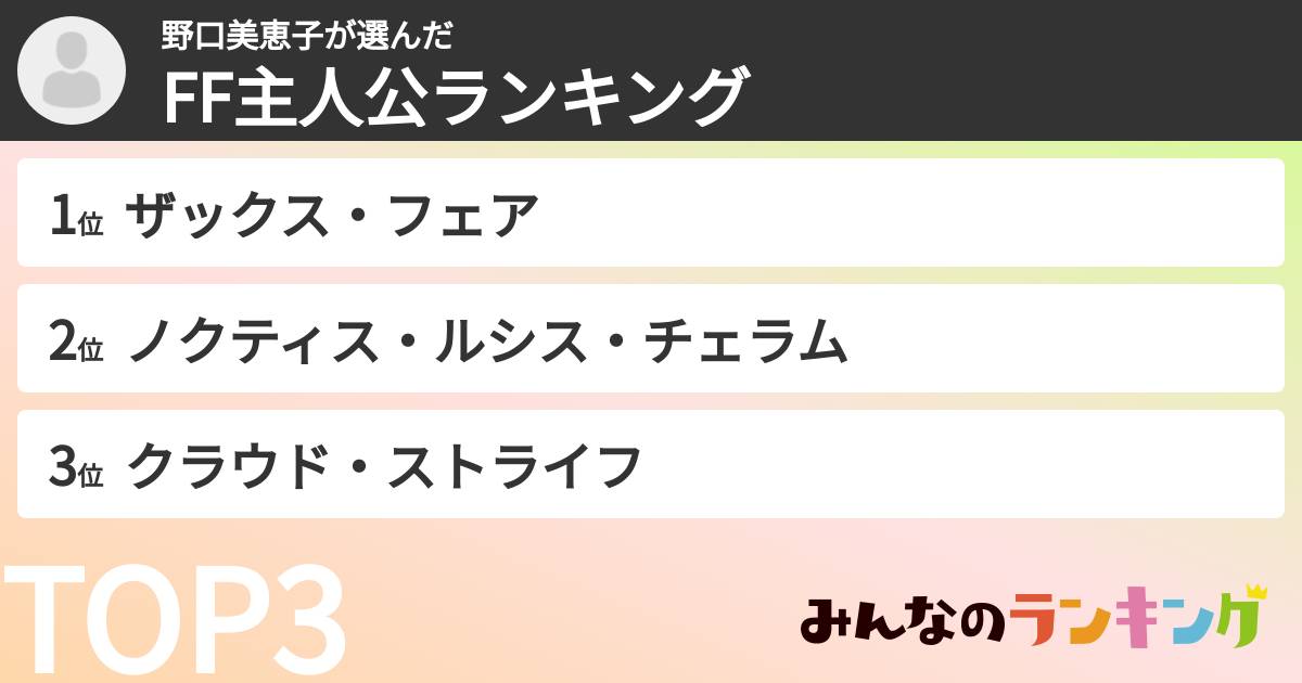 野口美恵子さんの「FF主人公ランキング」