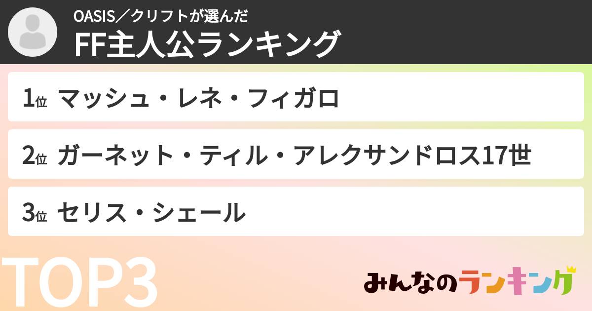 OASIS／クリフトさんの「FF主人公ランキング」