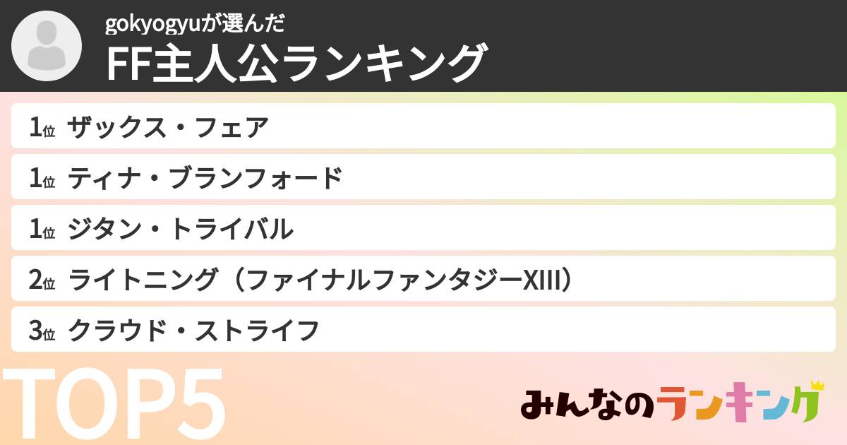 gokyogyuさんの「FF主人公ランキング」