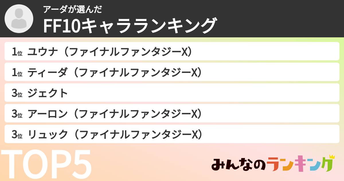 アーダさんの「FF10キャラランキング」