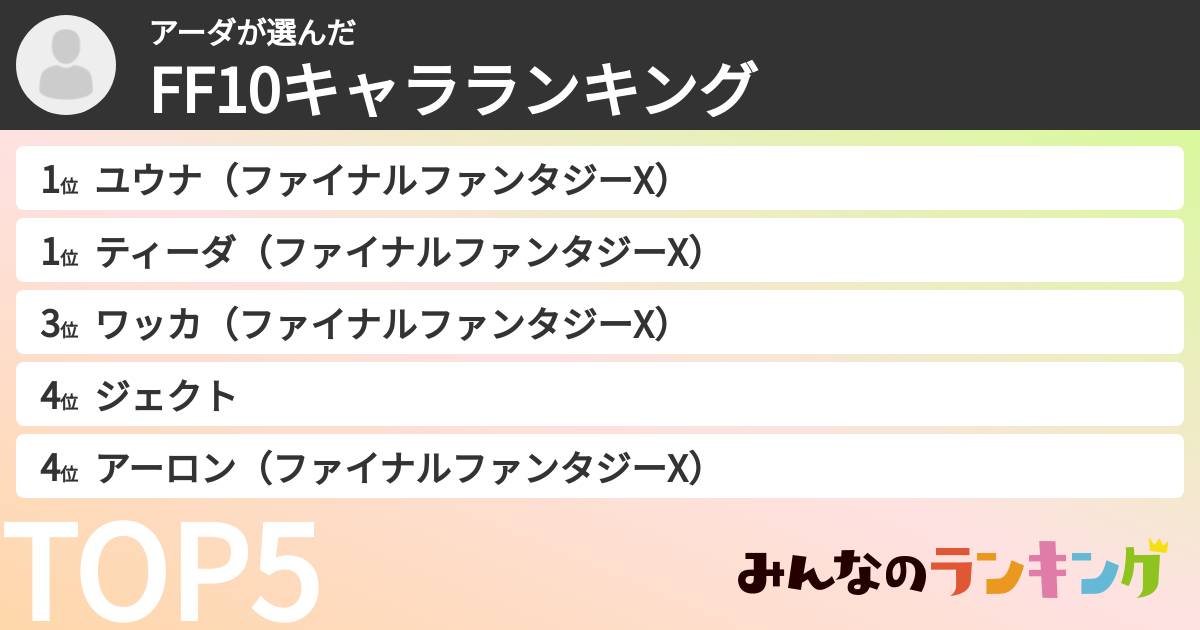 アーダさんの「FF10キャラランキング」