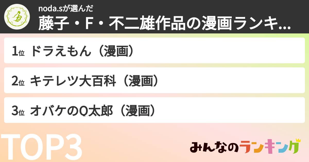 noda.sさんの「藤子・F・不二雄作品の漫画ランキング」
