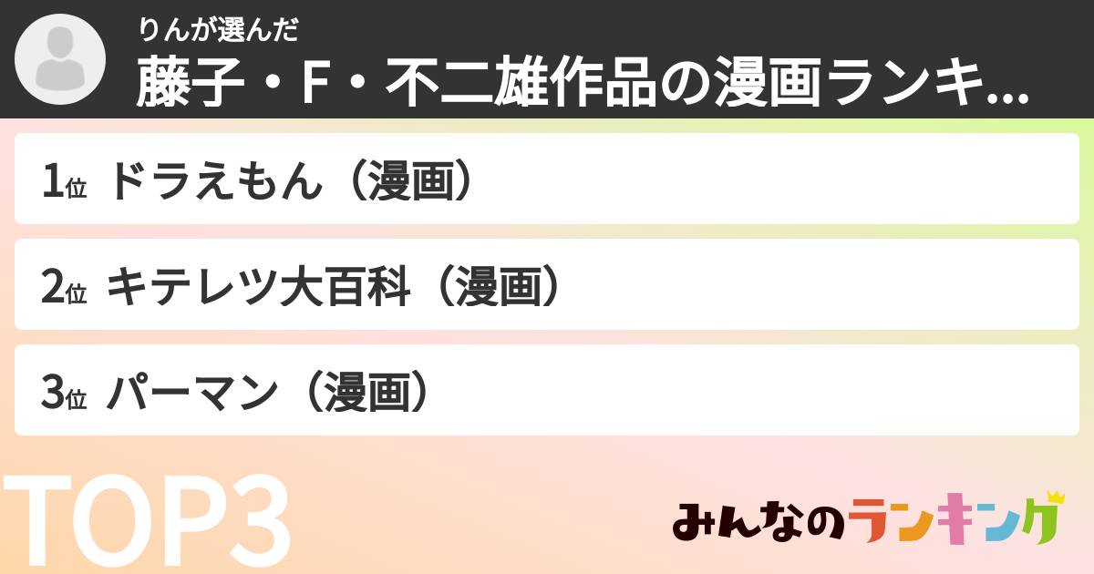 りんさんの「藤子・F・不二雄作品の漫画ランキング」