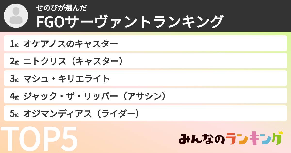 せのびさんの「FGOサーヴァントランキング」