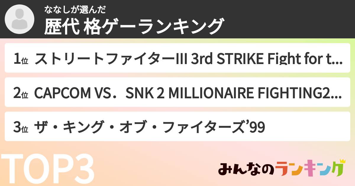 ななしさんの「歴代 格ゲーランキング」