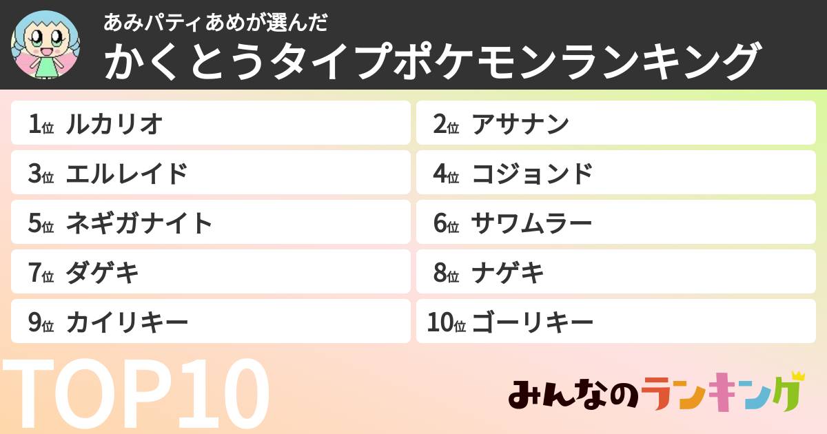 あみパティあめさんの「かくとうタイプポケモンランキング」