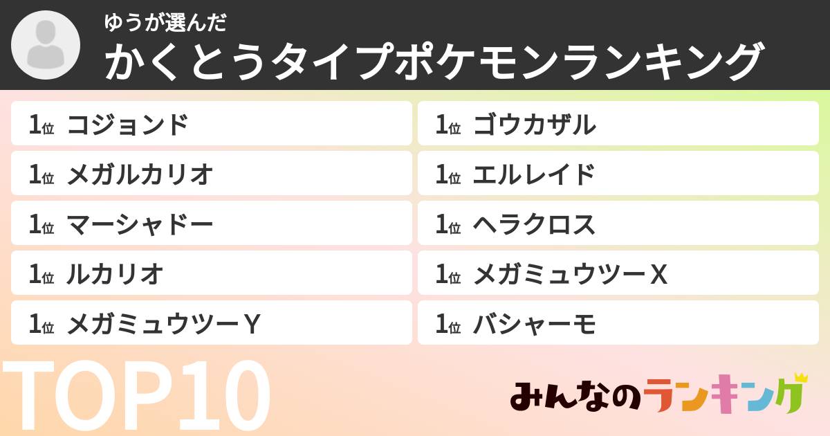 ゆうさんの「かくとうタイプポケモンランキング」