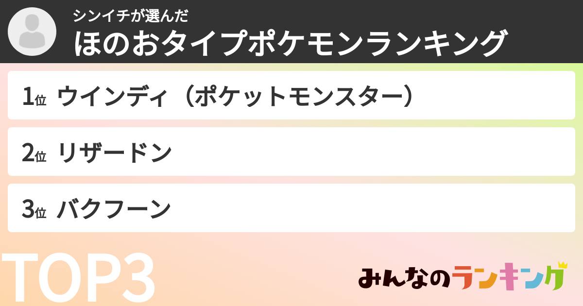 シンイチさんの「ほのおタイプポケモンランキング」
