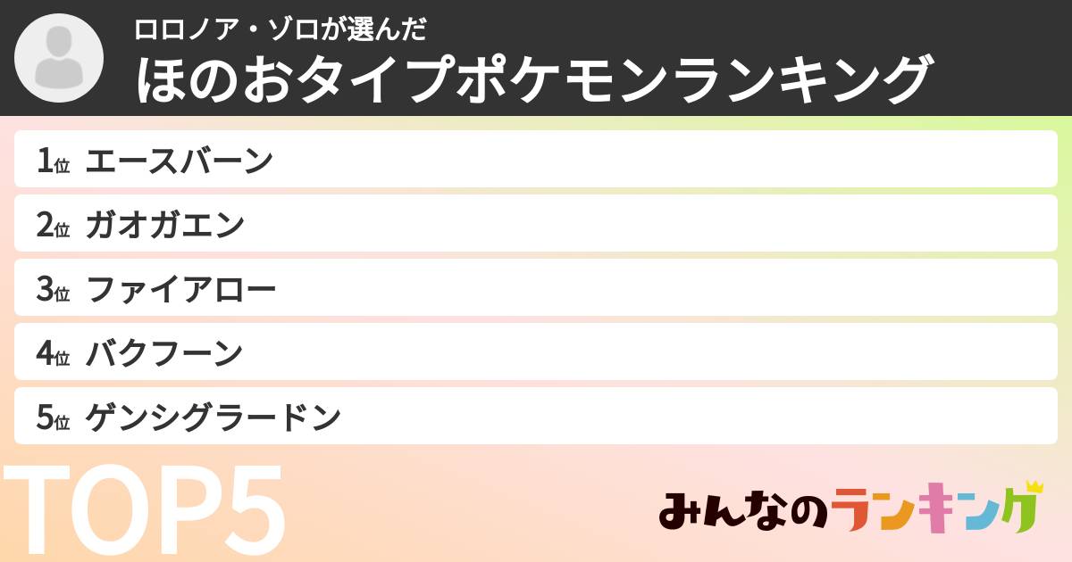 ロロノア・ゾロさんの「ほのおタイプポケモンランキング」