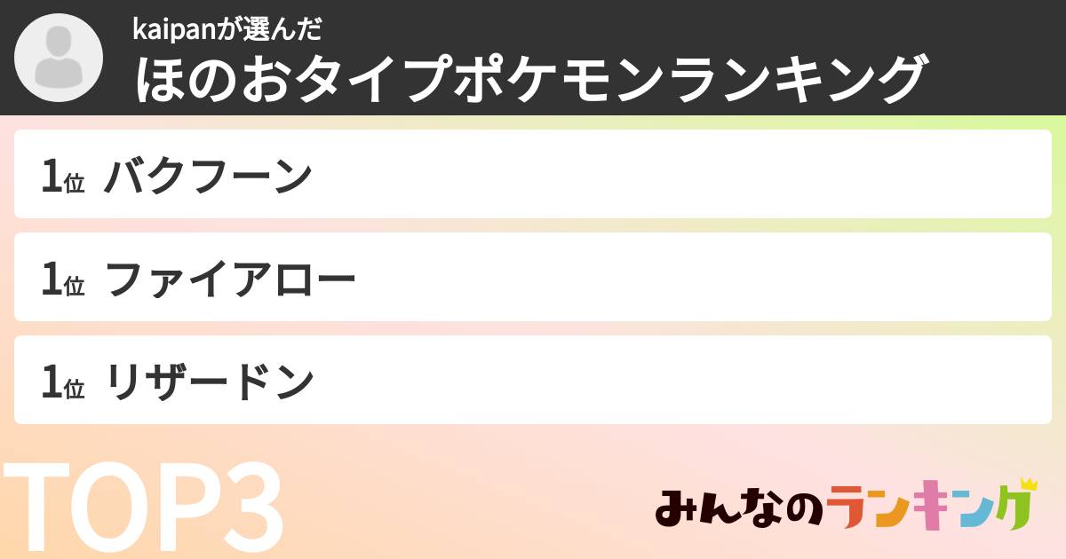 kaipanさんの「ほのおタイプポケモンランキング」
