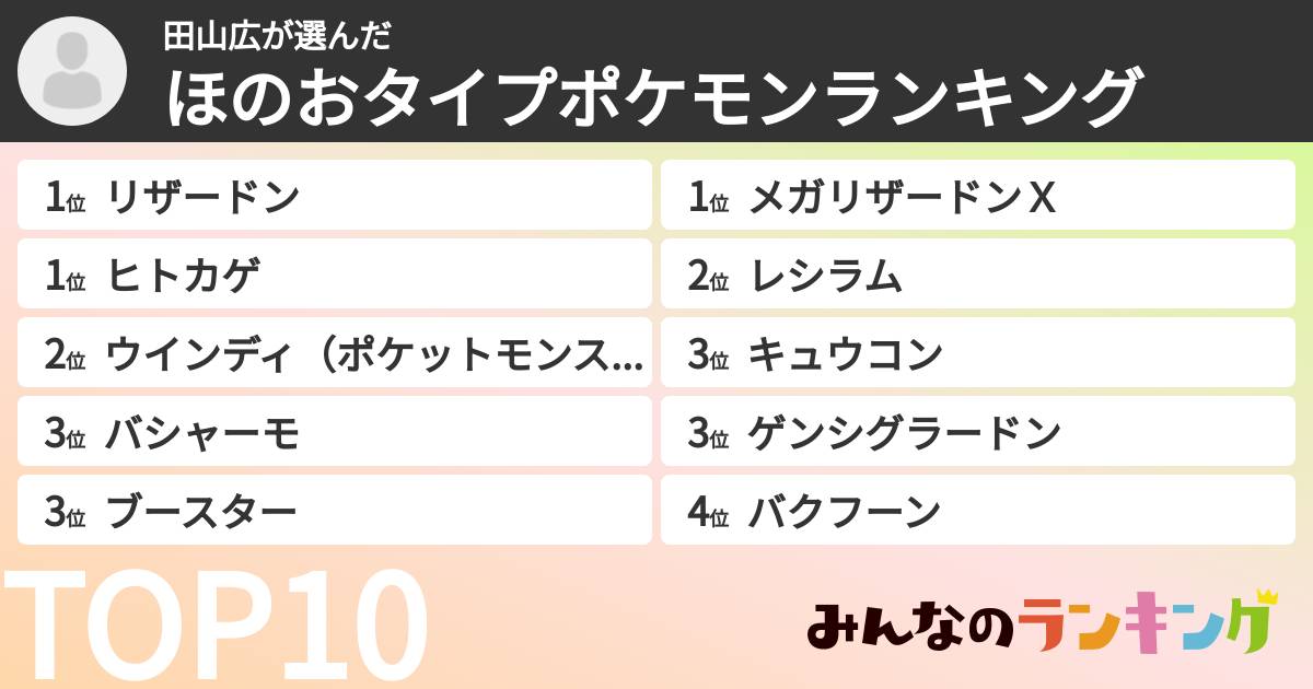 田山広さんの「ほのおタイプポケモンランキング」