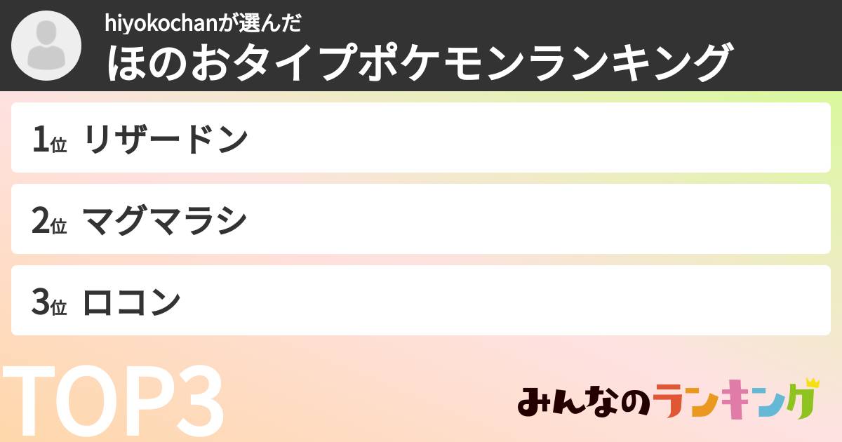 hiyokochanさんの「ほのおタイプポケモンランキング」