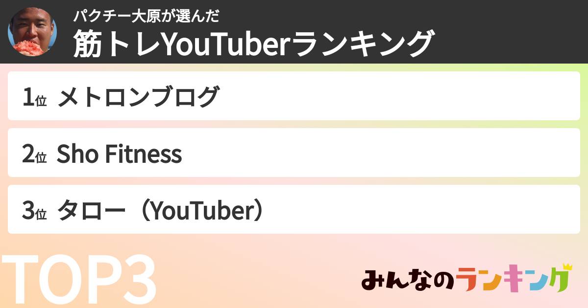 パクチー大原さんの「筋トレYouTuberランキング」