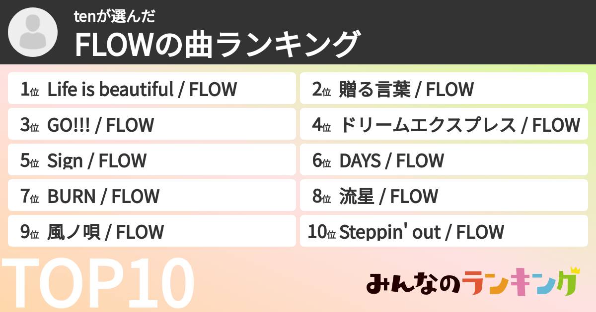 tenさんの「FLOWの曲ランキング」