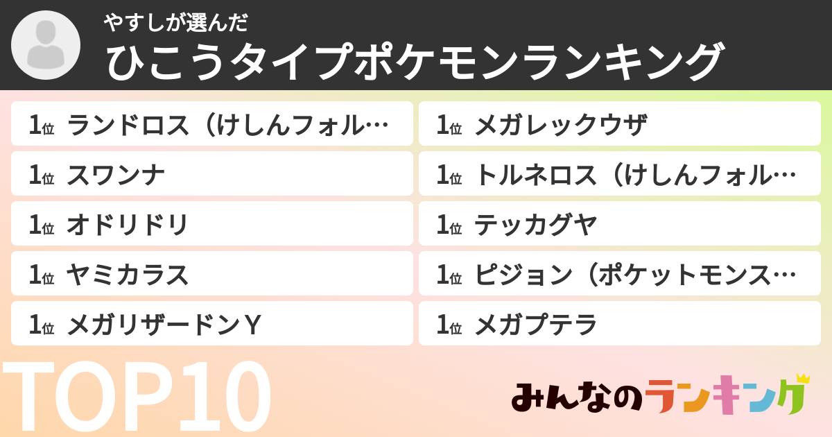 やすしさんの「ひこうタイプポケモンランキング」