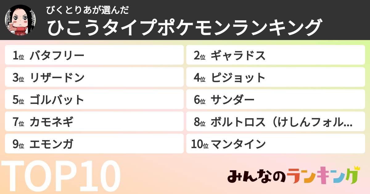 びくとりあさんの「ひこうタイプポケモンランキング」