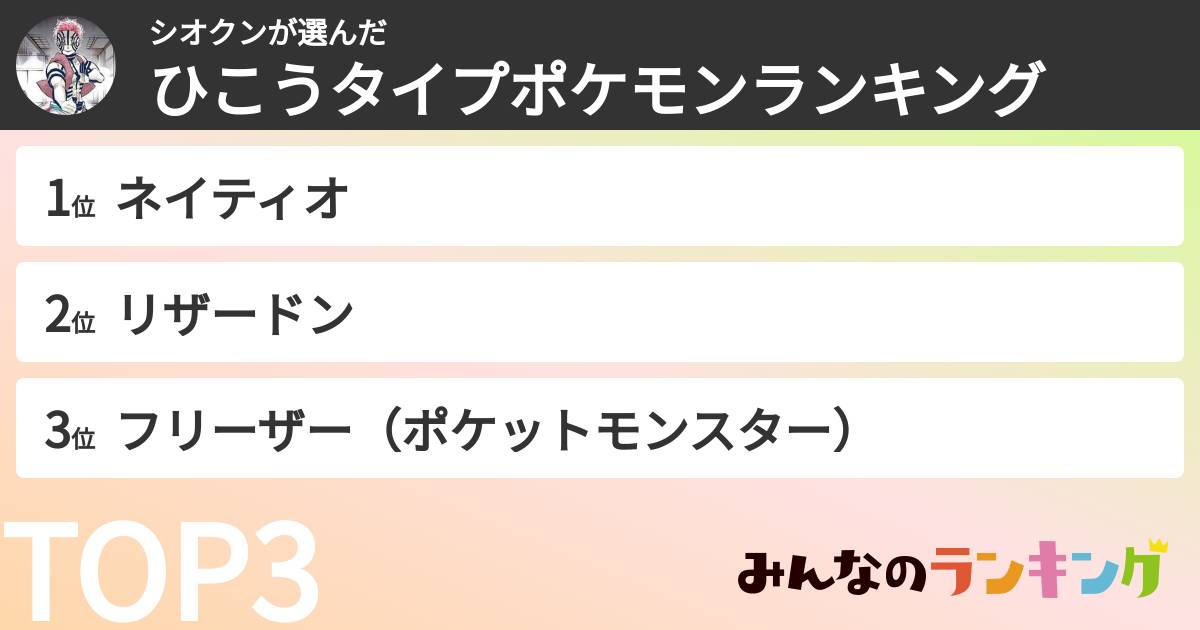 シオクンさんの「ひこうタイプポケモンランキング」