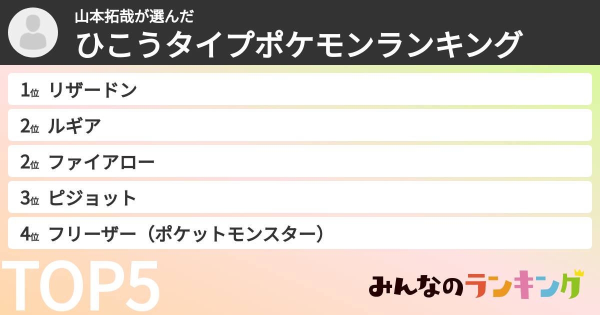 山本拓哉さんの「ひこうタイプポケモンランキング」
