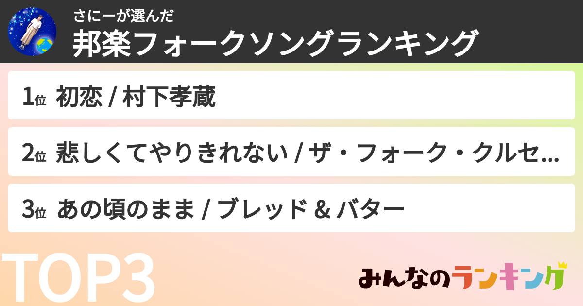 さにーさんの「邦楽フォークソングランキング」