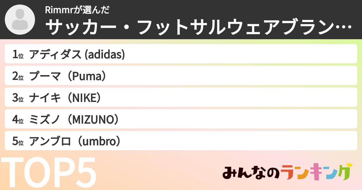 Rimmrさんの「サッカー・フットサルウェアブランドランキング」