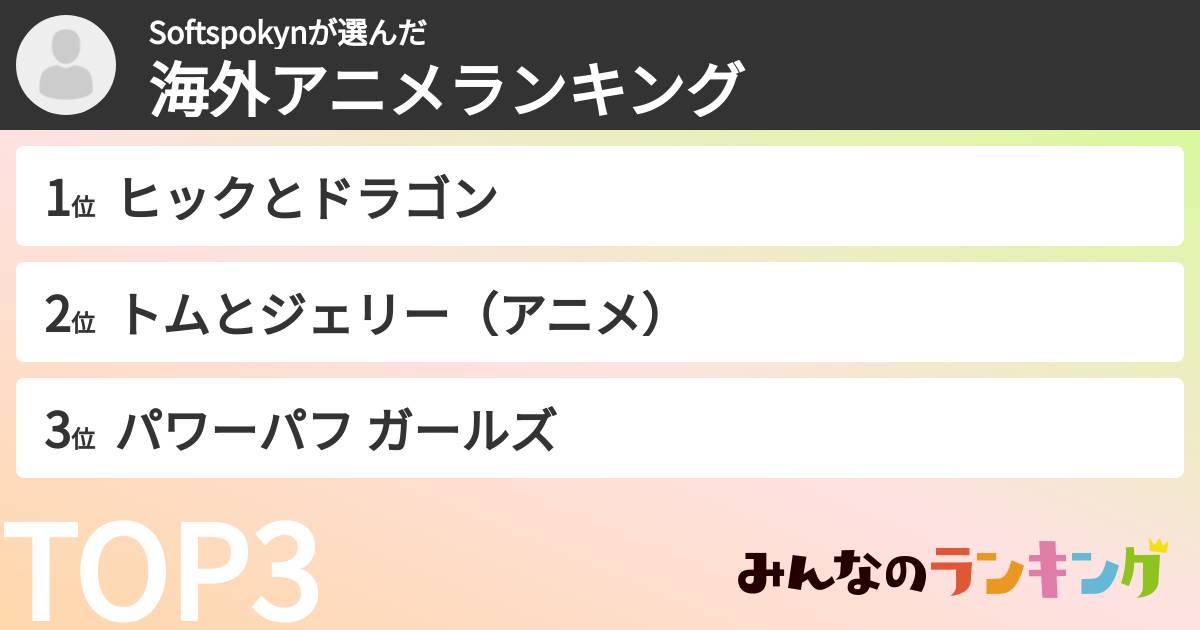 Softspokynさんの「海外アニメランキング」